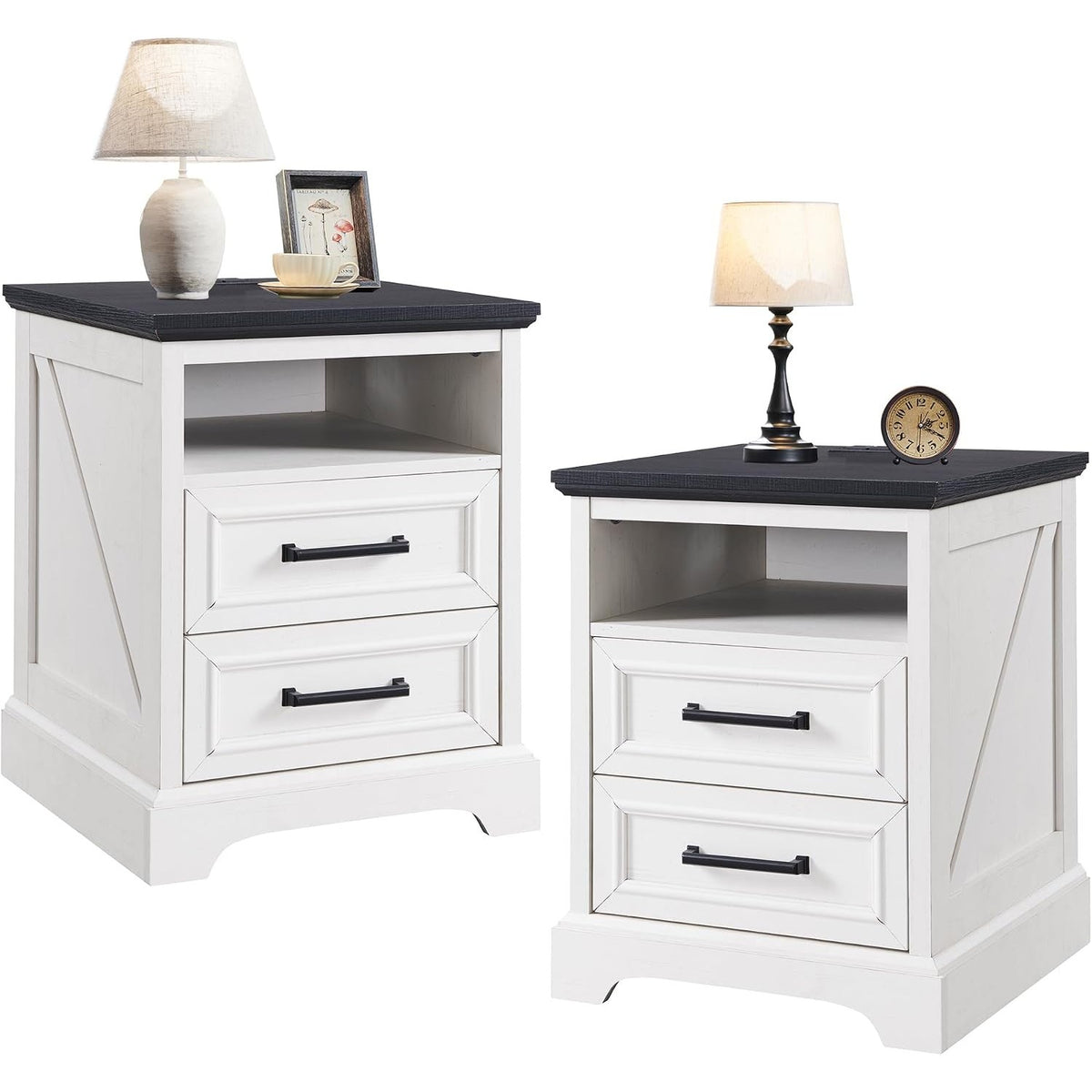 Farmhouse Nightstands Set of 2 with Charging Station, 18" Bedside Tables with 2 Drawers & Open Shelf, Antique White – Marianne