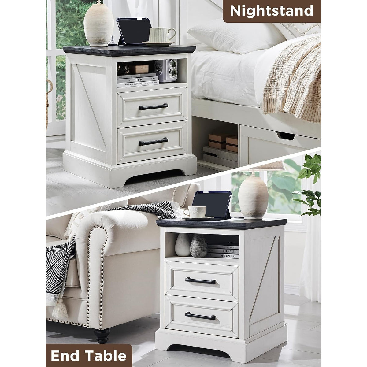 Farmhouse Nightstands Set of 2 with Charging Station, 18" Bedside Tables with 2 Drawers & Open Shelf, Antique White – Marianne