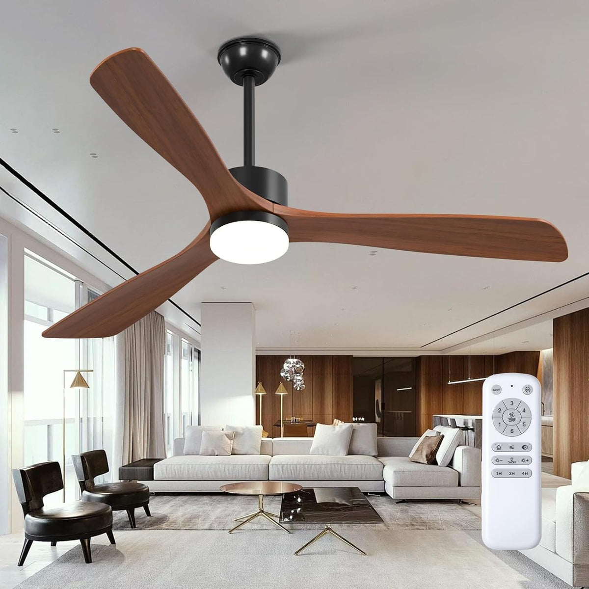 60" Wood Ceiling Fan with Light & Remote, Dimmable LED DC Motor Fan with 3 Solid Wood Blades, Walnut & Black – Eudora