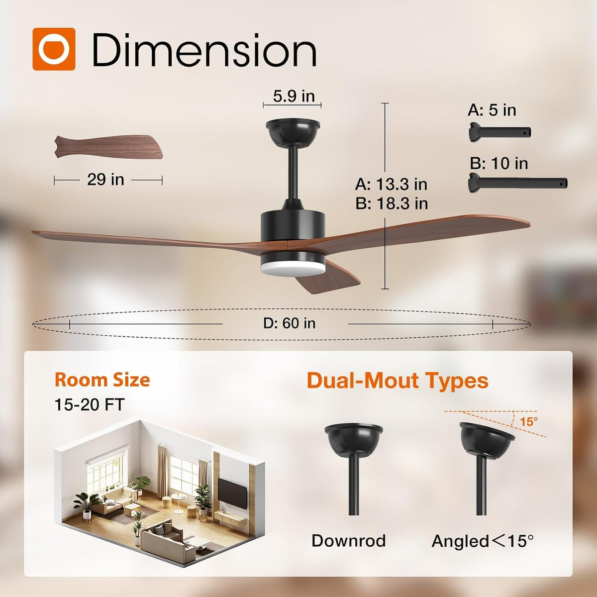 60" Wood Ceiling Fan with Light & Remote, Dimmable LED DC Motor Fan with 3 Solid Wood Blades, Walnut & Black – Eudora