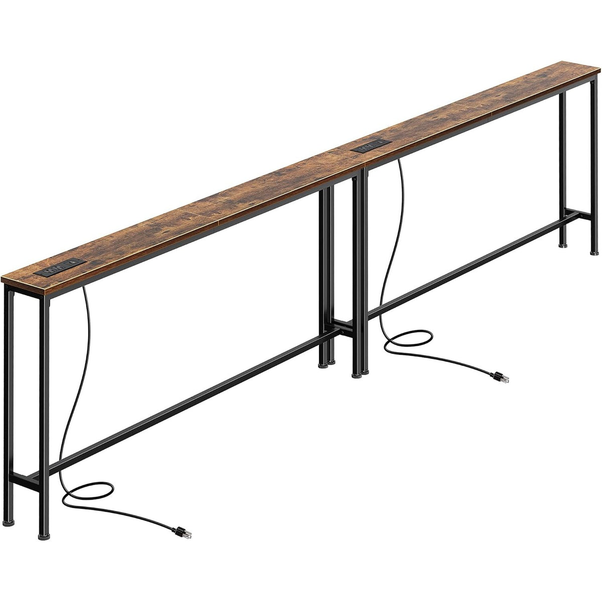 Augusta 110.2" Narrow Sofa Table with 2 Charging Stations, Rustic Brown