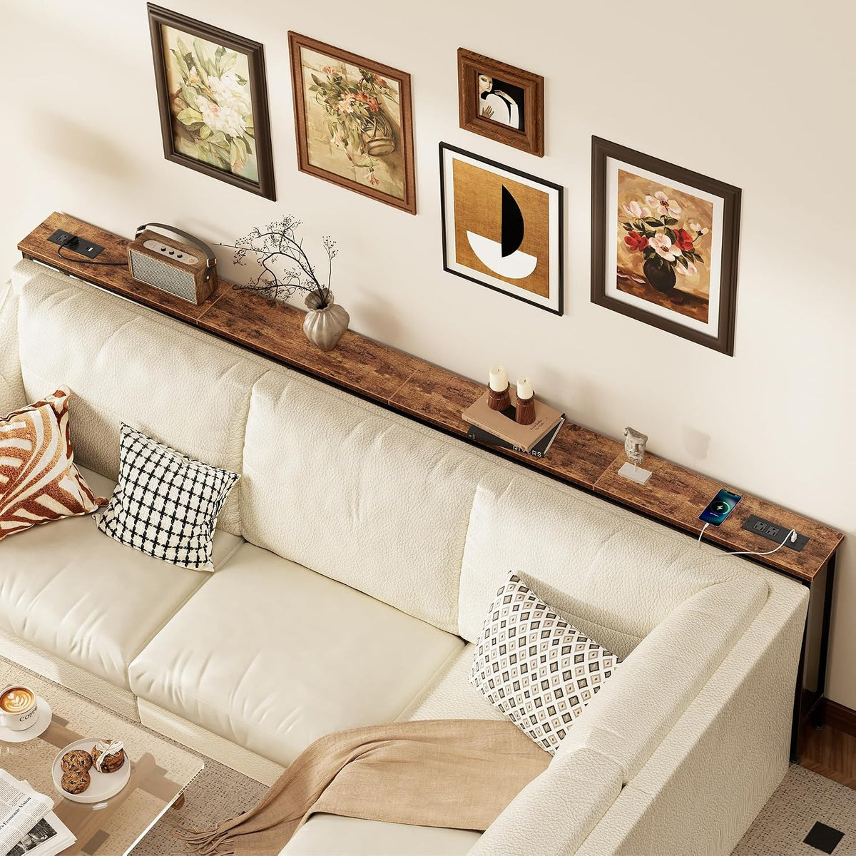 Augusta 110.2" Narrow Sofa Table with 2 Charging Stations, Rustic Brown
