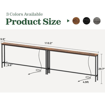 Augusta 110.2" Narrow Sofa Table with 2 Charging Stations, Rustic Brown