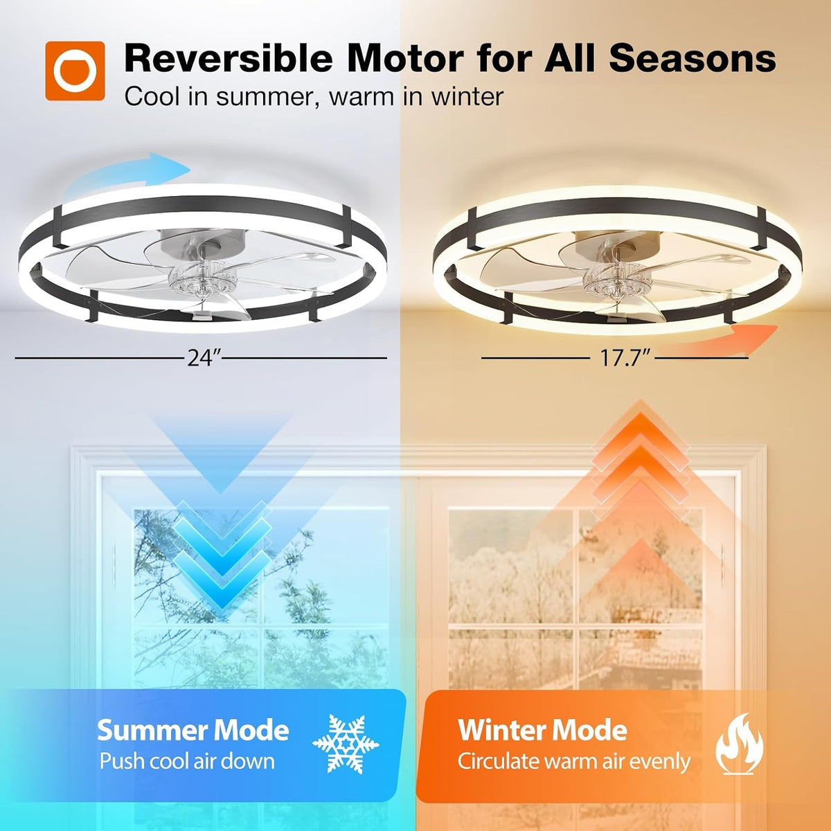 Zinnia 24" Low-Profile Fandelier Ceiling Fan with Dimmable LED Light & Remote, Black