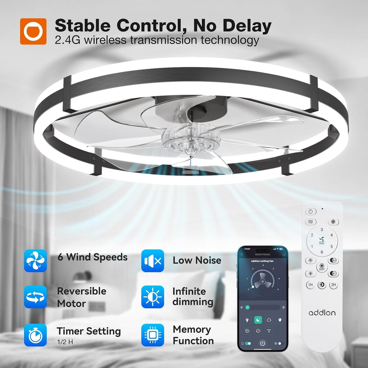 Zinnia 24" Low-Profile Fandelier Ceiling Fan with Dimmable LED Light & Remote, Black