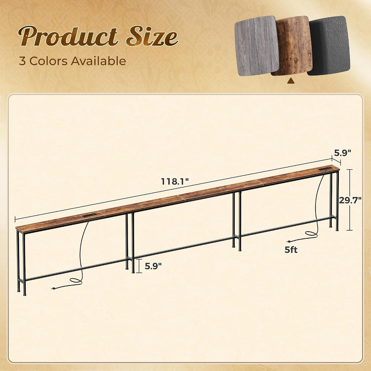 Ingrid 118" Extra-Long Sofa Table with 2 Charging Stations