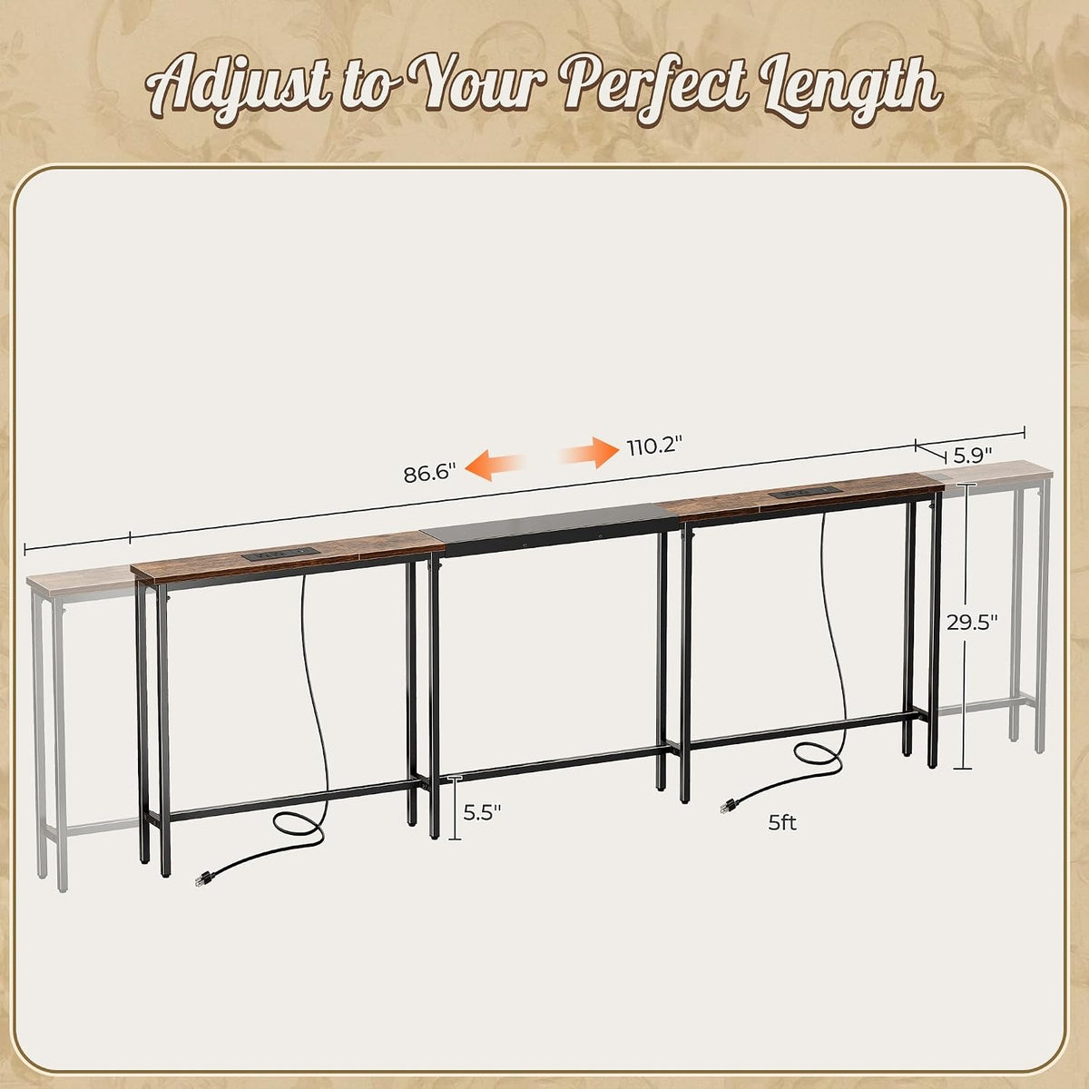 Marcella Adjustable-Length 86.6"-110.2" Sofa Table with Outlets