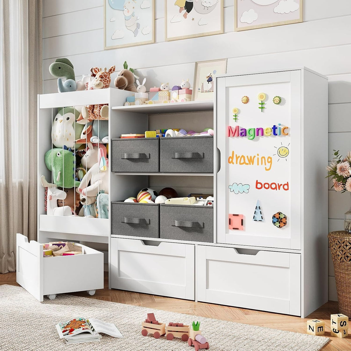 61" Kids Toy Storage Organizer with Stuffed Animal Holder, Rolling Drawers, Fabric Bins & Magnetic Drawing Board, White – Ottoline