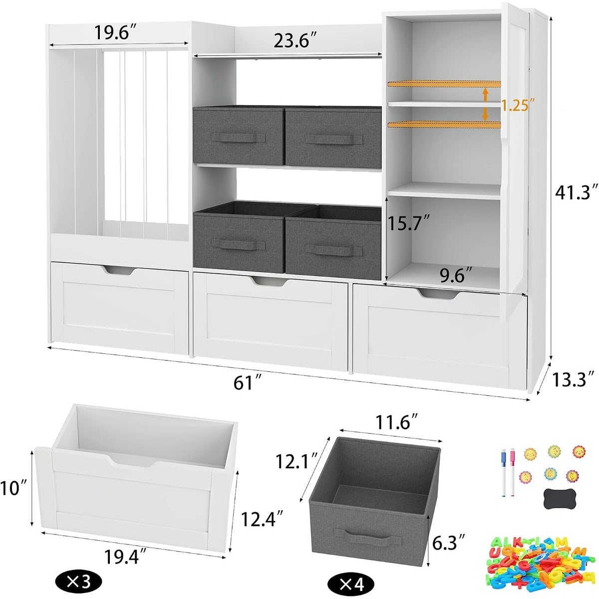 61" Kids Toy Storage Organizer with Stuffed Animal Holder, Rolling Drawers, Fabric Bins & Magnetic Drawing Board, White – Ottoline