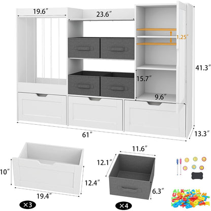61" Kids Toy Storage Organizer with Stuffed Animal Holder, Rolling Drawers, Fabric Bins & Magnetic Drawing Board, White – Ottoline