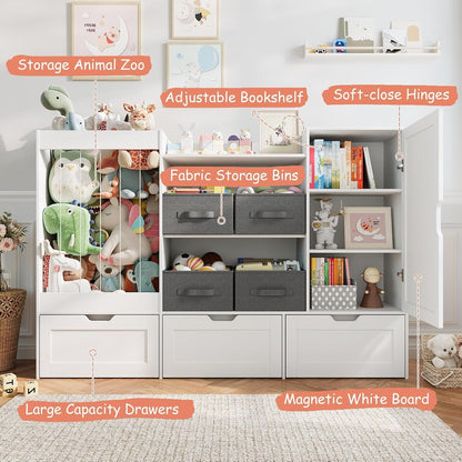 61" Kids Toy Storage Organizer with Stuffed Animal Holder, Rolling Drawers, Fabric Bins & Magnetic Drawing Board, White – Ottoline