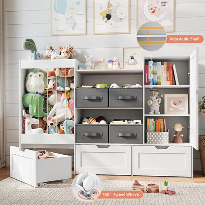 61" Kids Toy Storage Organizer with Stuffed Animal Holder, Rolling Drawers, Fabric Bins & Magnetic Drawing Board, White – Ottoline