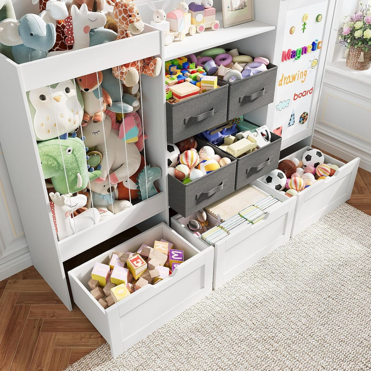 61" Kids Toy Storage Organizer with Stuffed Animal Holder, Rolling Drawers, Fabric Bins & Magnetic Drawing Board, White – Ottoline