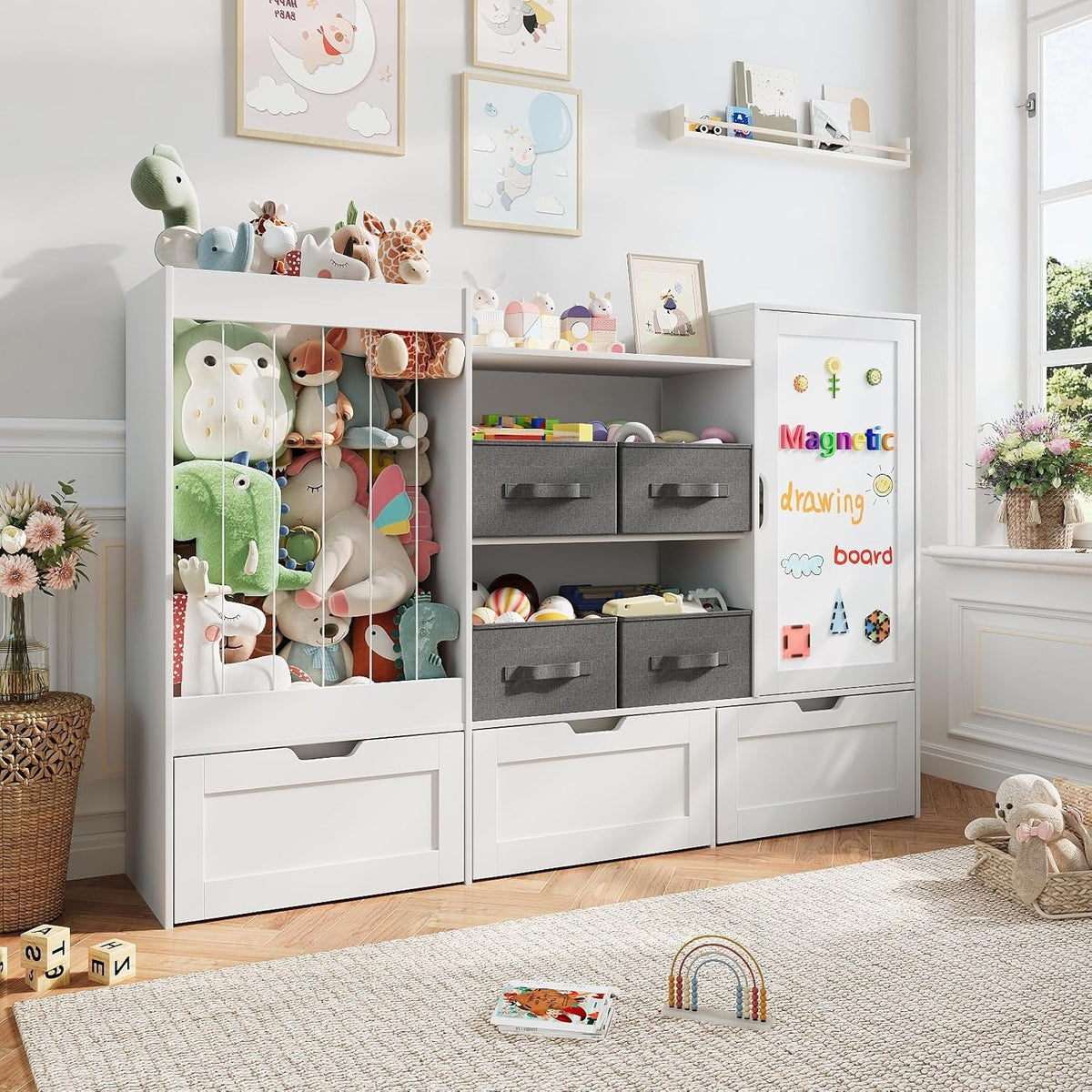 61" Kids Toy Storage Organizer with Stuffed Animal Holder, Rolling Drawers, Fabric Bins & Magnetic Drawing Board, White – Ottoline