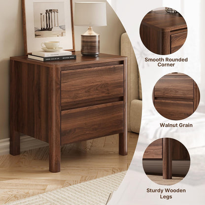 Walnut Nightstands Set of 2, Mid Century Modern Bedside Tables with 2 Drawers, Hidden Handles & Solid Wood Legs – Adeline