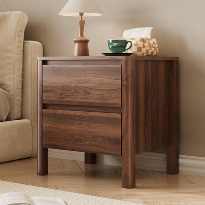Walnut Nightstands Set of 2, Mid Century Modern Bedside Tables with 2 Drawers, Hidden Handles & Solid Wood Legs – Adeline