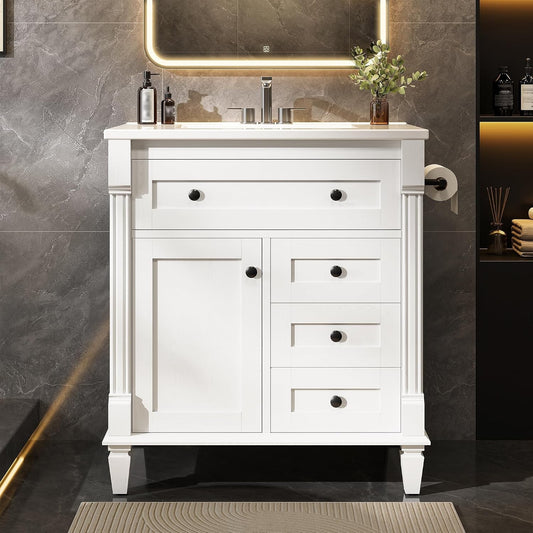 Odile 30" Bathroom Vanity with Ceramic Sink, Flip-Top Drawer & Adjustable Legs, White