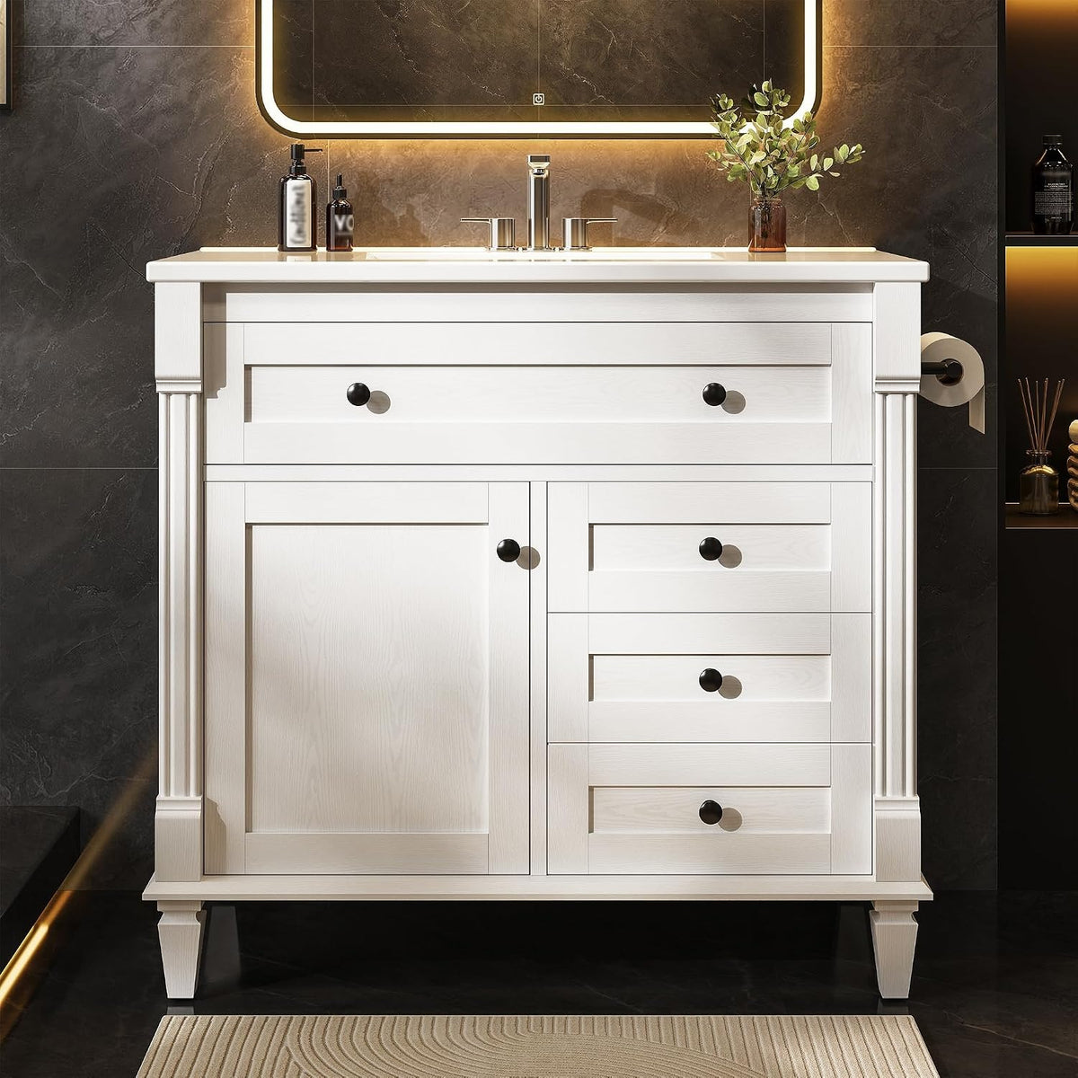 36" Bathroom Vanity with Ceramic Sink, Shaker Vanity Cabinet with Flip-Top Drawer, Towel Bar & Solid Wood Legs, White – Marcelline