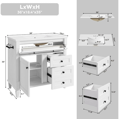 36" Bathroom Vanity with Ceramic Sink, Shaker Vanity Cabinet with Flip-Top Drawer, Towel Bar & Solid Wood Legs, White – Marcelline