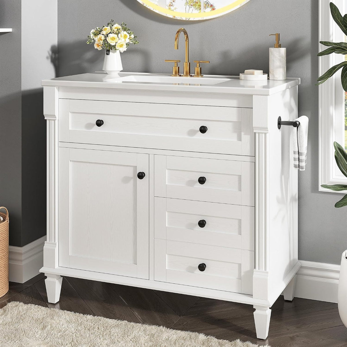 36" Bathroom Vanity with Ceramic Sink, Shaker Vanity Cabinet with Flip-Top Drawer, Towel Bar & Solid Wood Legs, White – Marcelline
