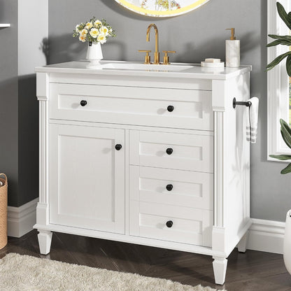36" Bathroom Vanity with Ceramic Sink, Shaker Vanity Cabinet with Flip-Top Drawer, Towel Bar & Solid Wood Legs, White – Marcelline