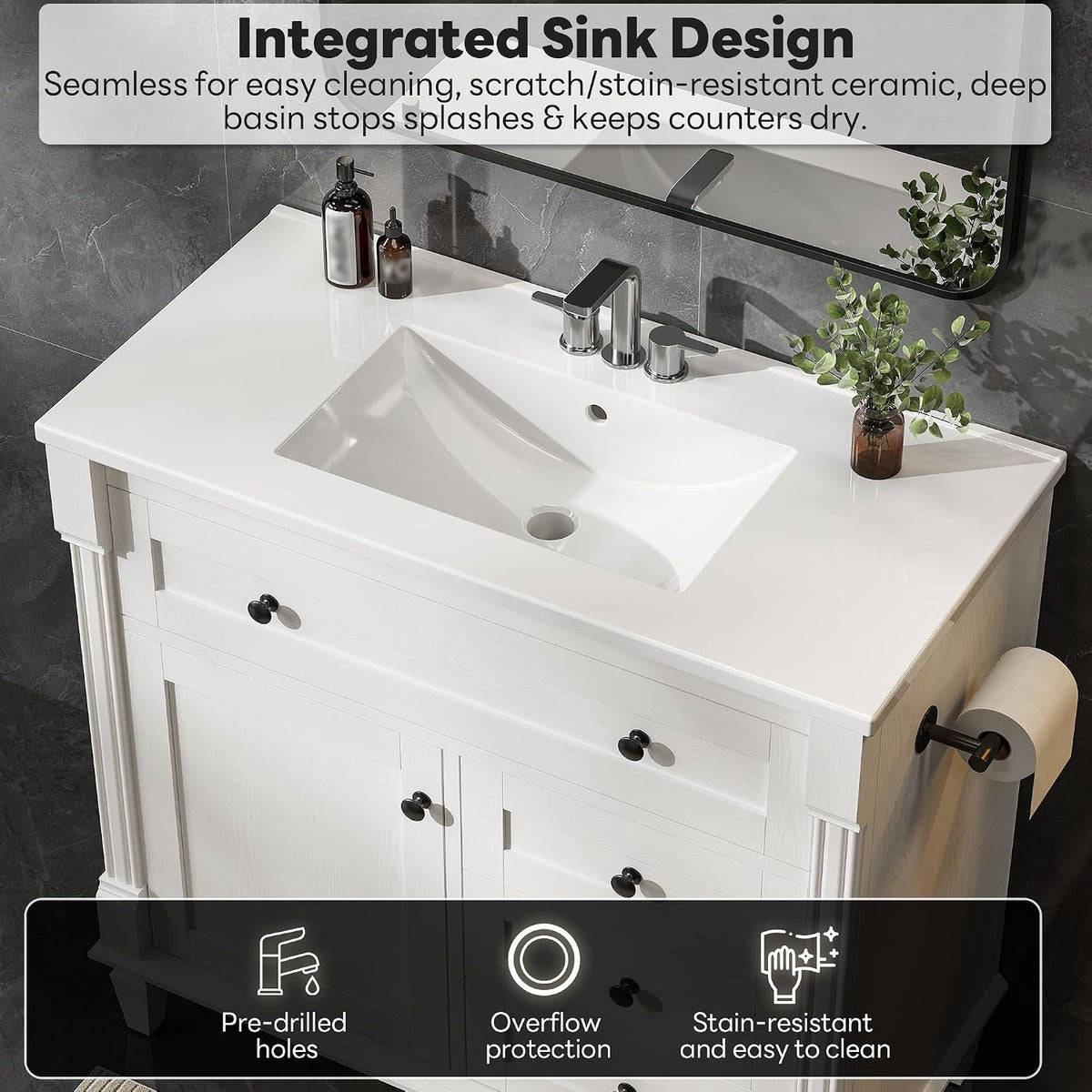36" Bathroom Vanity with Ceramic Sink, Shaker Vanity Cabinet with Flip-Top Drawer, Towel Bar & Solid Wood Legs, White – Marcelline
