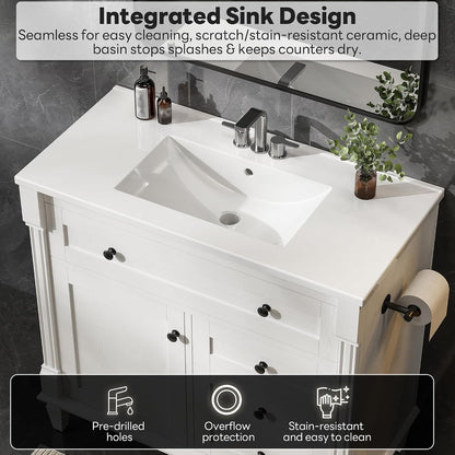 36" Bathroom Vanity with Ceramic Sink, Shaker Vanity Cabinet with Flip-Top Drawer, Towel Bar & Solid Wood Legs, White – Marcelline