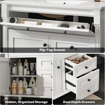 36" Bathroom Vanity with Ceramic Sink, Shaker Vanity Cabinet with Flip-Top Drawer, Towel Bar & Solid Wood Legs, White – Marcelline