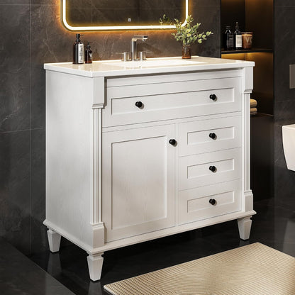 36" Bathroom Vanity with Ceramic Sink, Shaker Vanity Cabinet with Flip-Top Drawer, Towel Bar & Solid Wood Legs, White – Marcelline