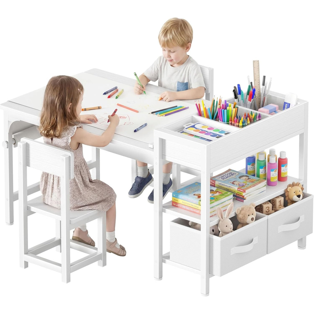 Bettina Kids Art Table & 2 Chairs with Storage Drawers & Paper Roll