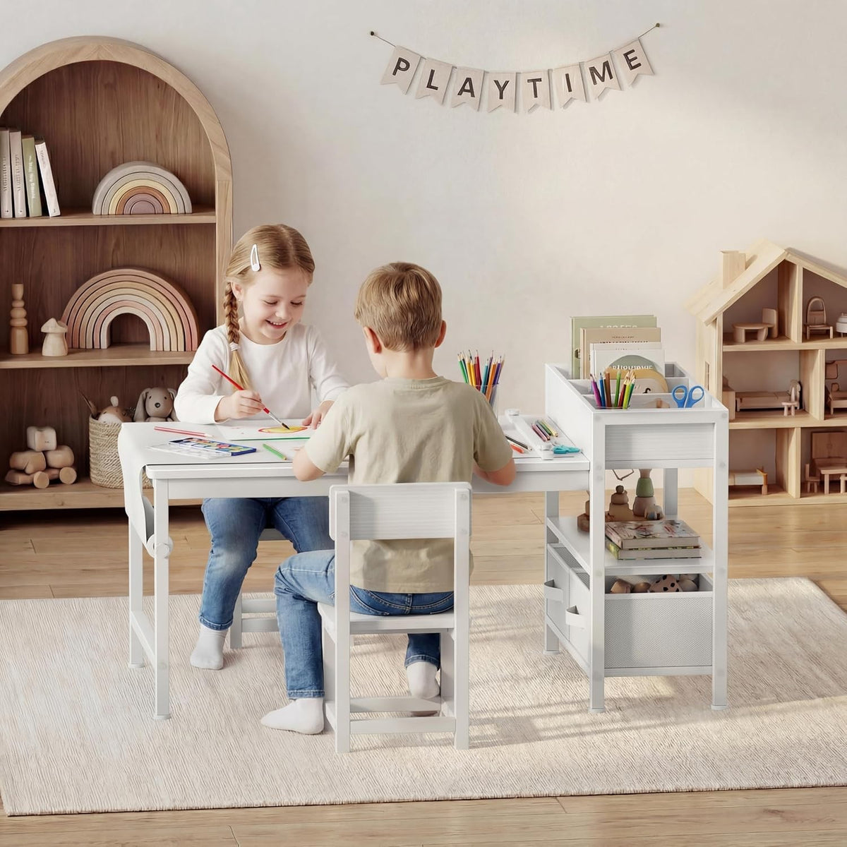 Bettina Kids Art Table & 2 Chairs with Storage Drawers & Paper Roll