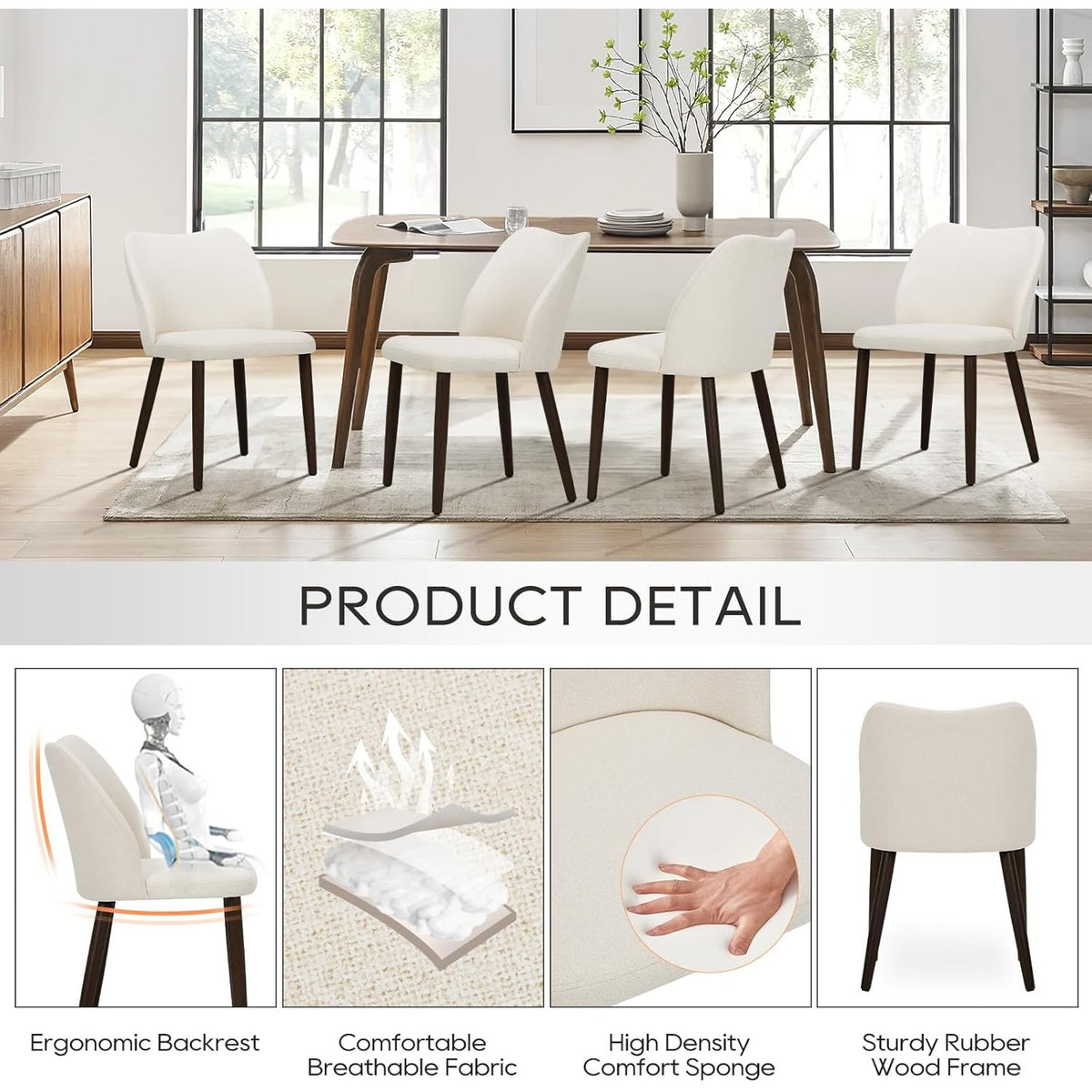Clementine Curved-Back Upholstered Dining Chairs, Set of 4, Cream