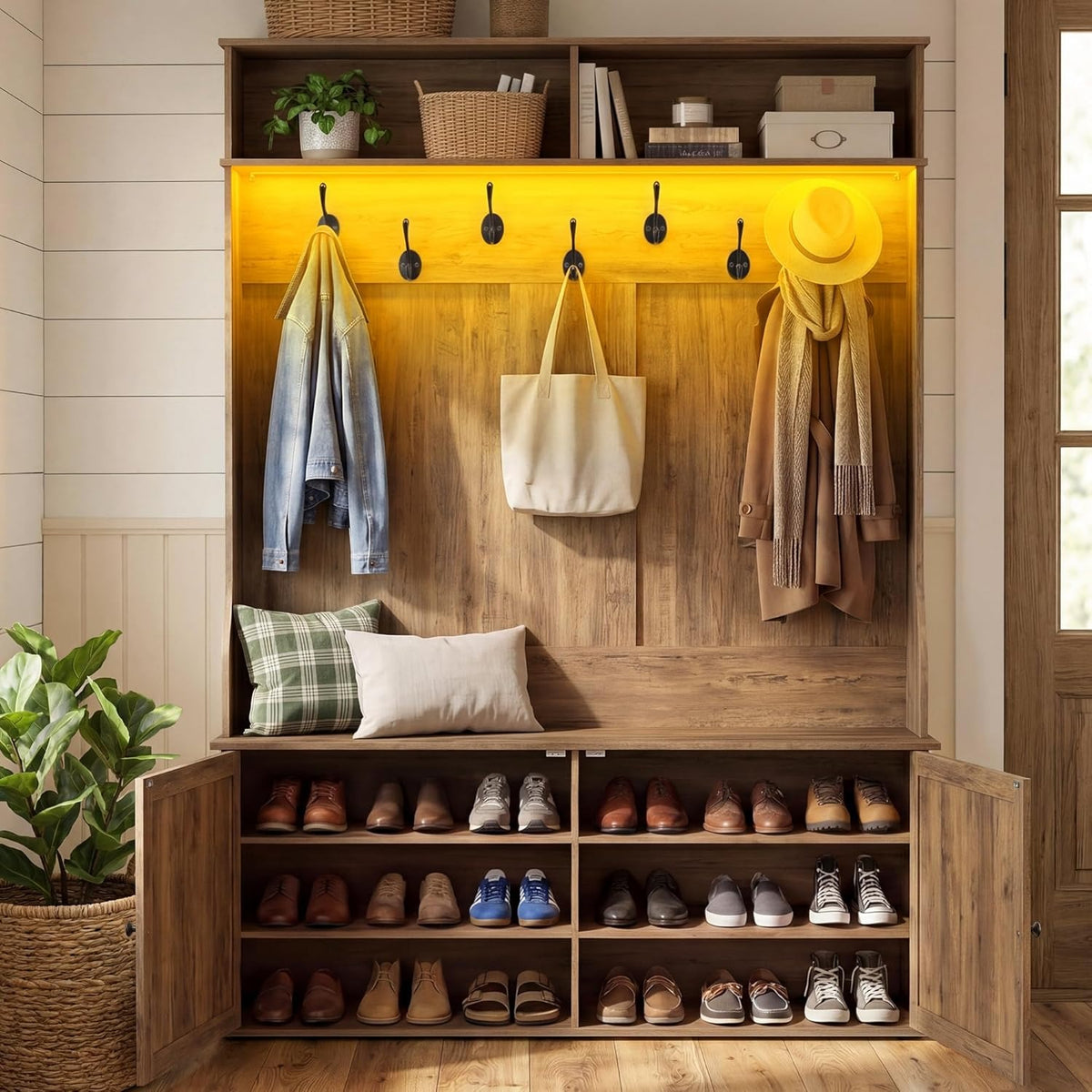 Clarissa 5-in-1 Farmhouse Hall Tree with Bench, Shoe Cabinet & LED Light