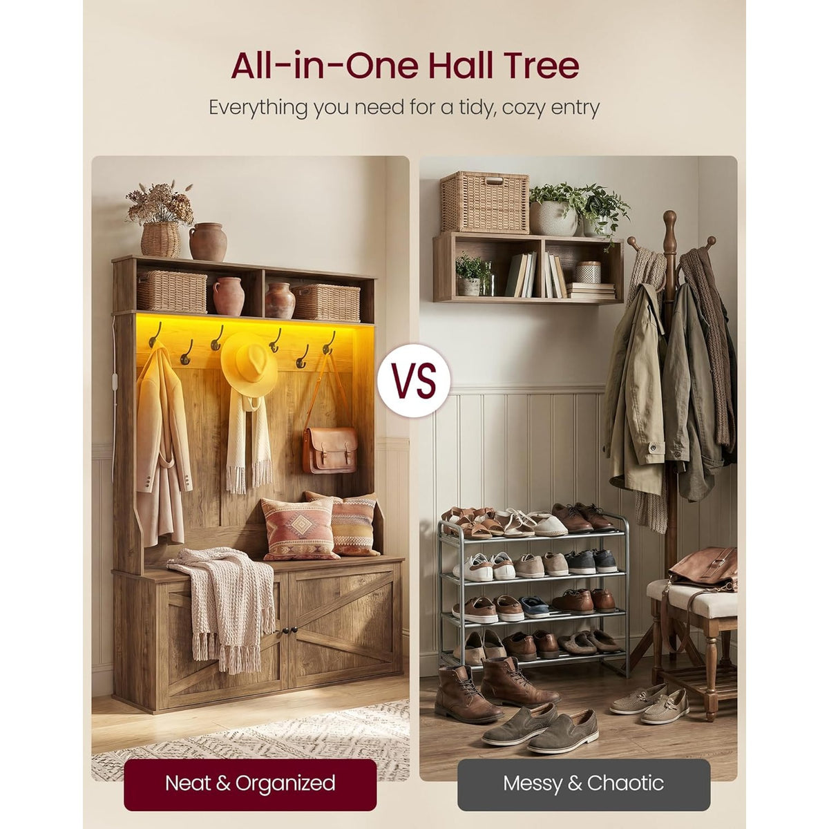 Clarissa 5-in-1 Farmhouse Hall Tree with Bench, Shoe Cabinet & LED Light