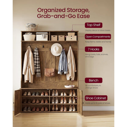 Clarissa 5-in-1 Farmhouse Hall Tree with Bench, Shoe Cabinet & LED Light
