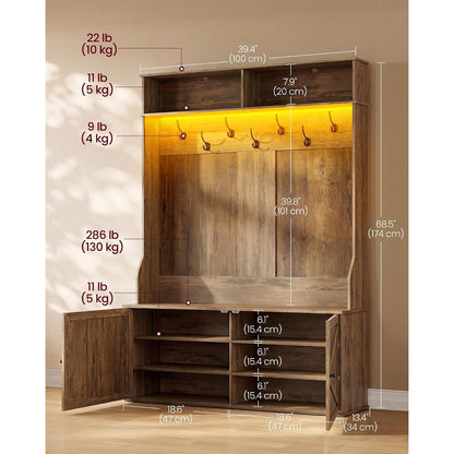 Clarissa 5-in-1 Farmhouse Hall Tree with Bench, Shoe Cabinet & LED Light