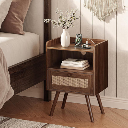 Nightstands Set of 2 with Charging Station, Rattan Drawer Bedside Tables with USB-C & Open Shelf, 23.4" Tall, Dark Walnut – Annalise