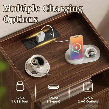 Nightstands Set of 2 with Charging Station, Rattan Drawer Bedside Tables with USB-C & Open Shelf, 23.4" Tall, Dark Walnut – Annalise