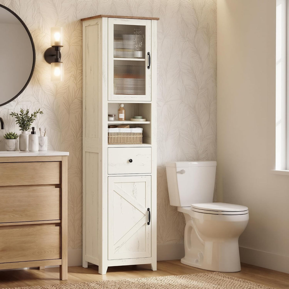 Eulalia Tall Farmhouse Linen Cabinet with Fluted Acrylic Door & Drawer, White
