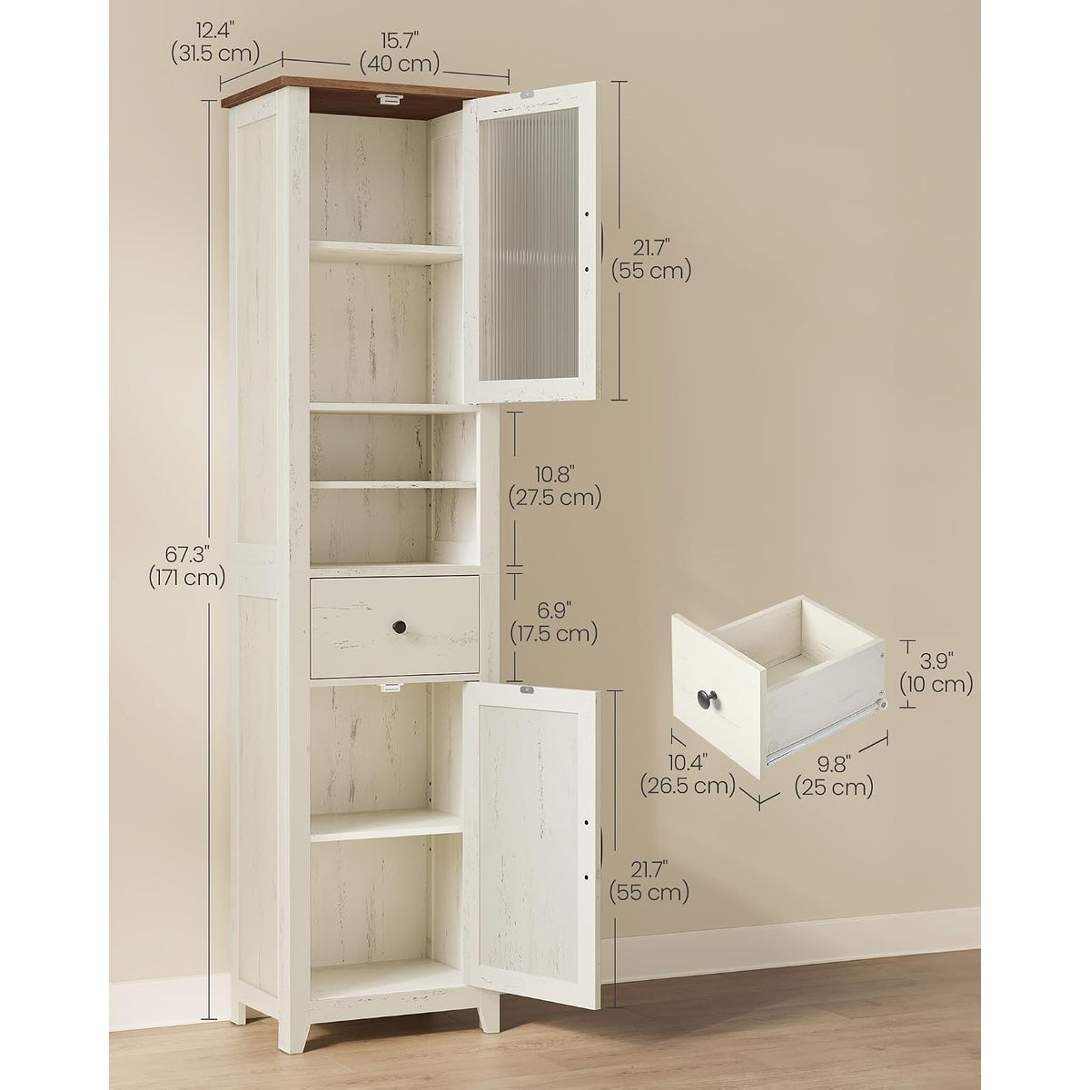 Eulalia Tall Farmhouse Linen Cabinet with Fluted Acrylic Door & Drawer, White