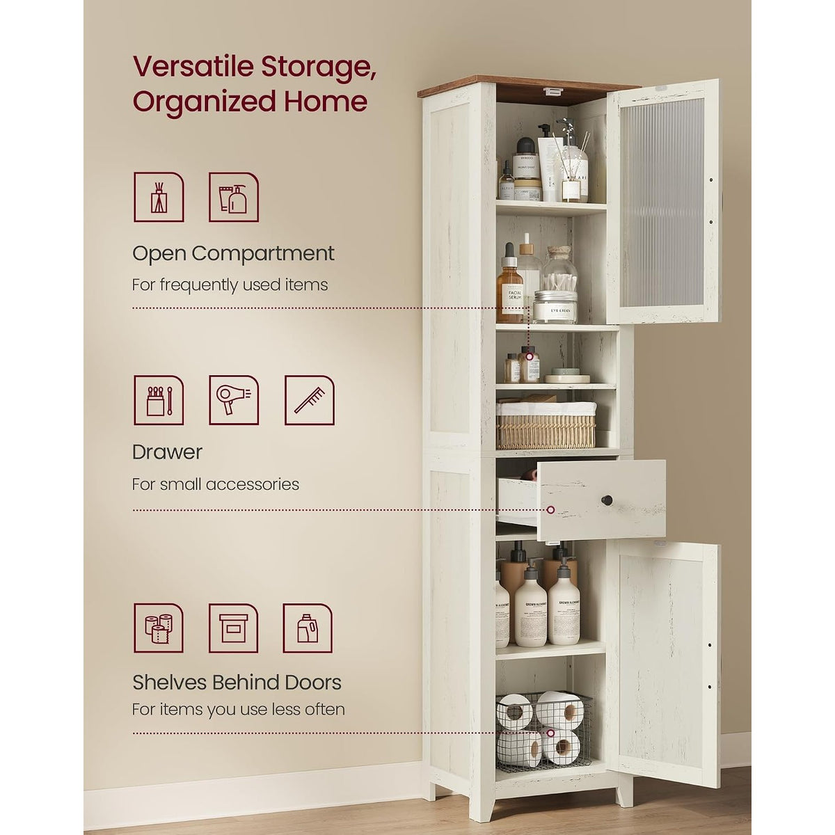 Eulalia Tall Farmhouse Linen Cabinet with Fluted Acrylic Door & Drawer, White