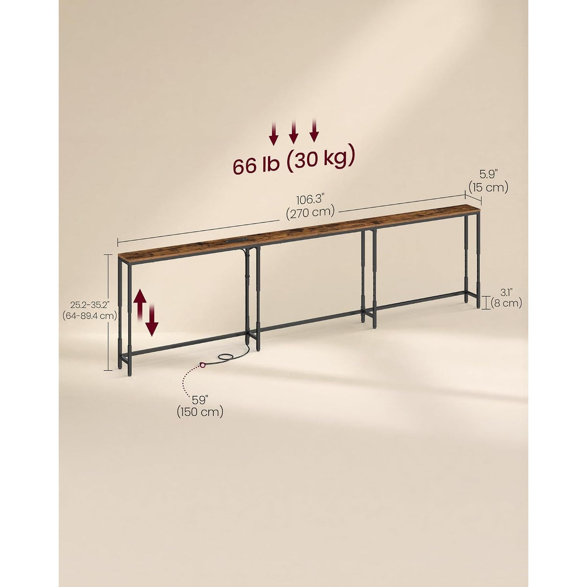 Sylvie 106.3" Height-Adjustable Narrow Console Table with Outlet