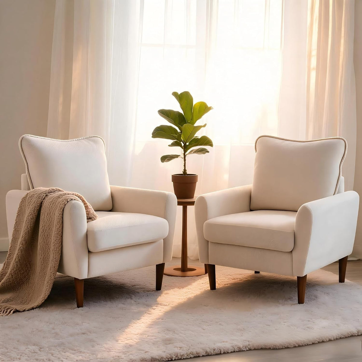 Accent Chairs Set of 2, Mid-Century Upholstered Armchairs with Back Pillow & Solid Wood Legs, Sand – Benedetta