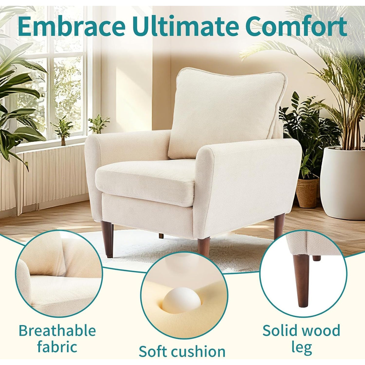 Accent Chairs Set of 2, Mid-Century Upholstered Armchairs with Back Pillow & Solid Wood Legs, Sand – Benedetta