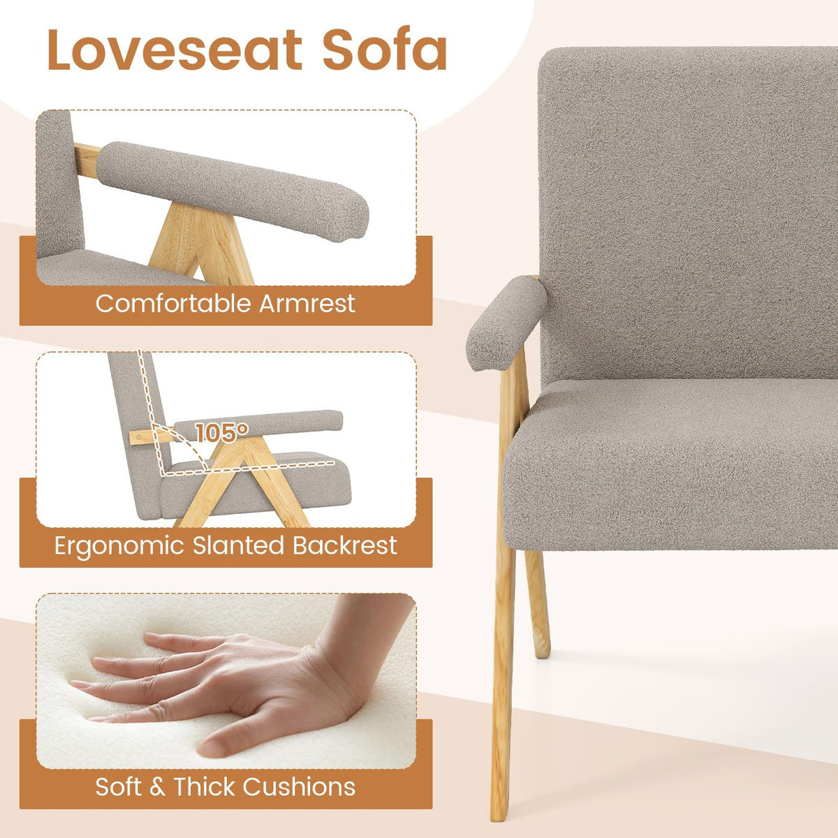 Annika 47" Sherpa Loveseat with Solid Wood Frame, Gray