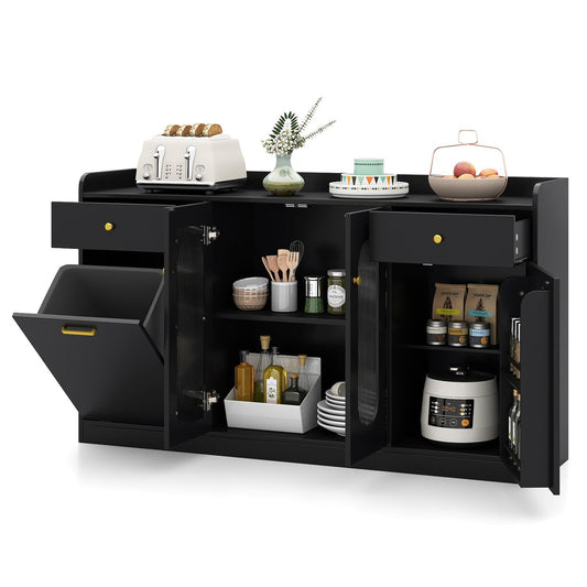 Perpetua 55" Fluted Glass Buffet Cabinet with Hidden Tilt-Out Trash Can, Black