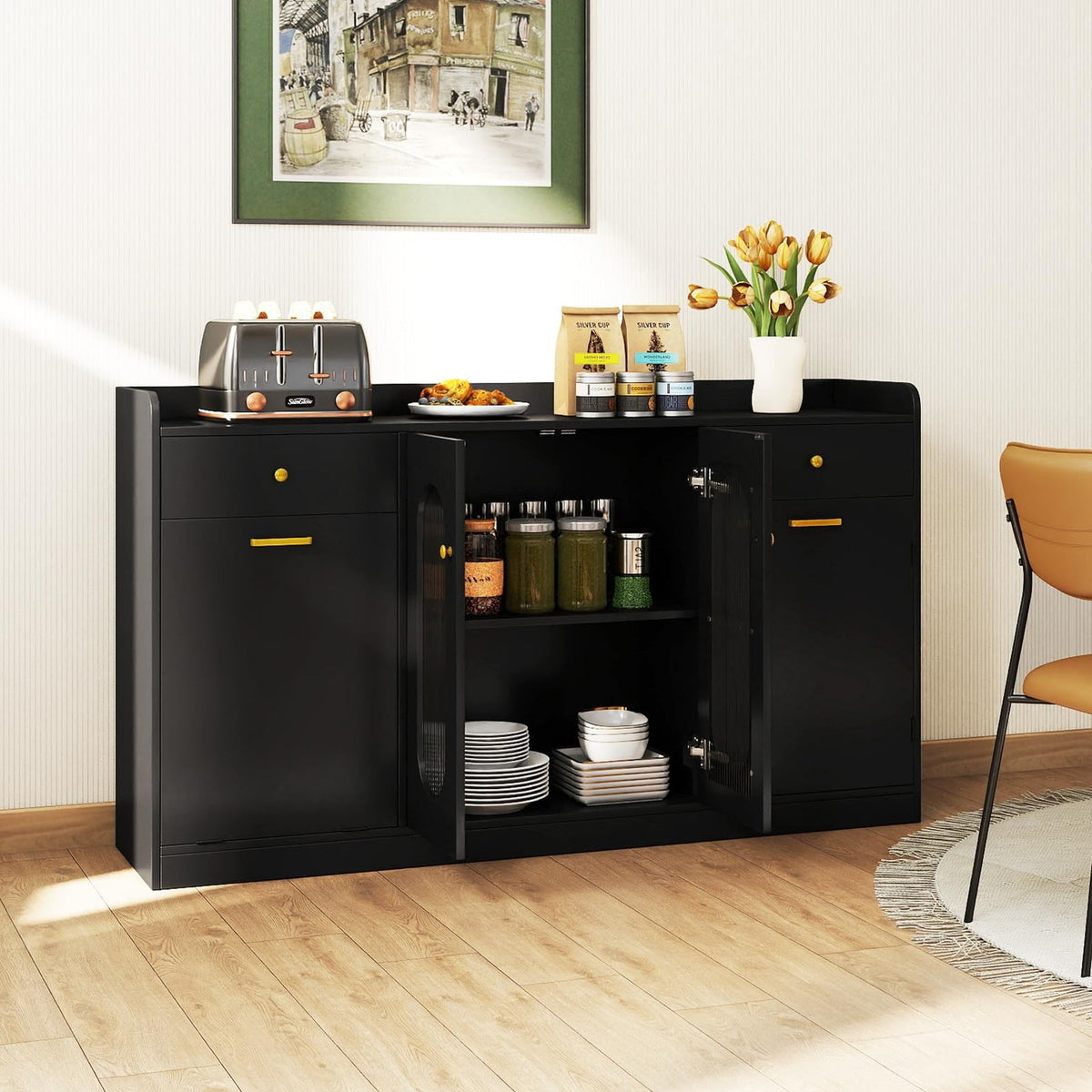 Perpetua 55" Fluted Glass Buffet Cabinet with Hidden Tilt-Out Trash Can, Black