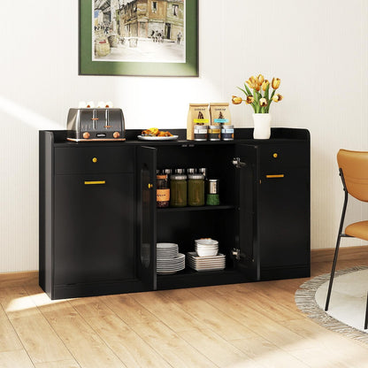 Perpetua 55" Fluted Glass Buffet Cabinet with Hidden Tilt-Out Trash Can, Black