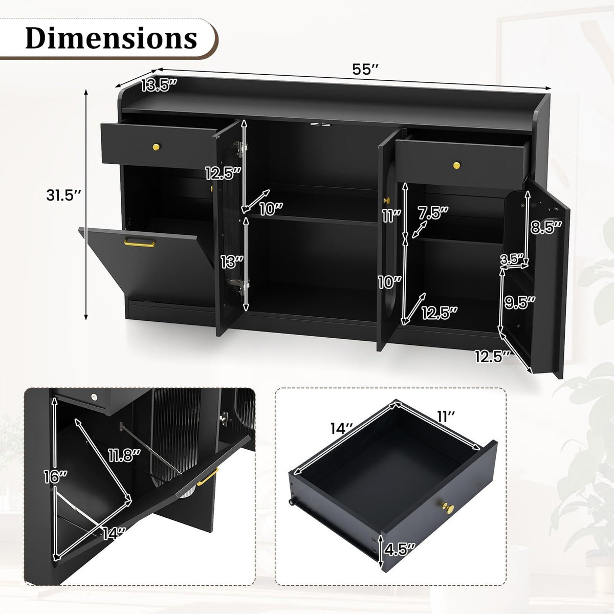 Perpetua 55" Fluted Glass Buffet Cabinet with Hidden Tilt-Out Trash Can, Black