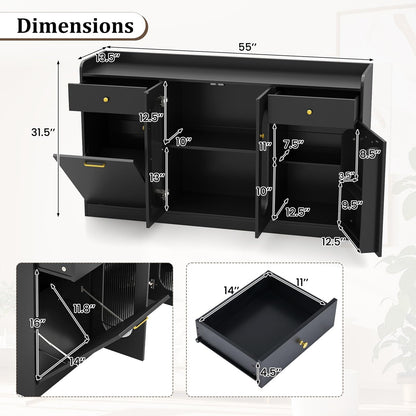 Perpetua 55" Fluted Glass Buffet Cabinet with Hidden Tilt-Out Trash Can, Black